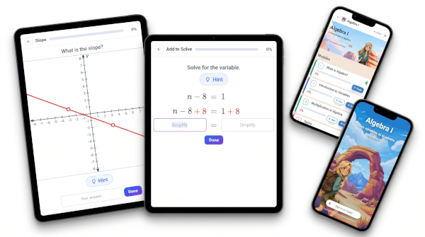 Pre-Algebra and Algebra I on tablets and phones: a slope graph question, an equation to solve with a hint, and lesson screens