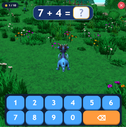 The dragon on the grass with the question 7 + 4 = ? and a number pad