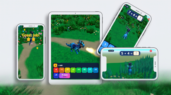 Dragonfire Math Facts on phones and a tablet: the dragon on a "Great job!" win screen, flying over the grass, with a number pad and fact questions