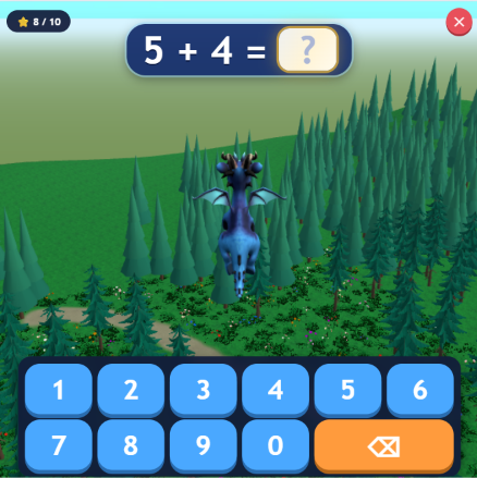 The dragon flying over a forest with the question 5 + 4 = ? and a number pad