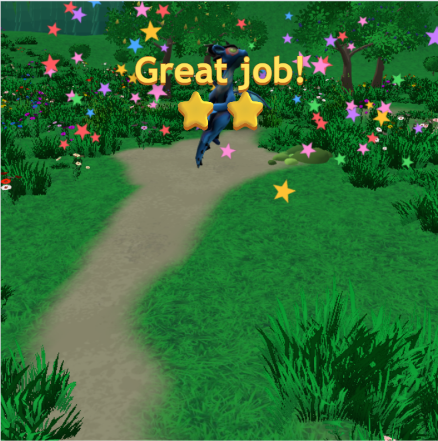 The dragon on a path after a correct answer, with a "Great job!" message and stars