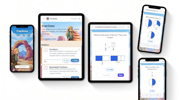 Tablets and phones showing math lessons: a slope graph question, solving for a variable with a hint, and an Algebra I lesson menu