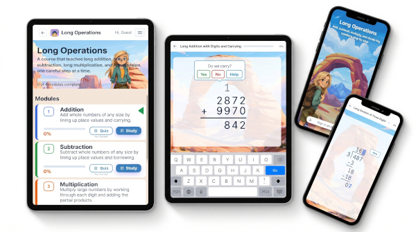 Long Operations on tablets and phones: the course module list, a long addition with carrying, and a long division with remainders